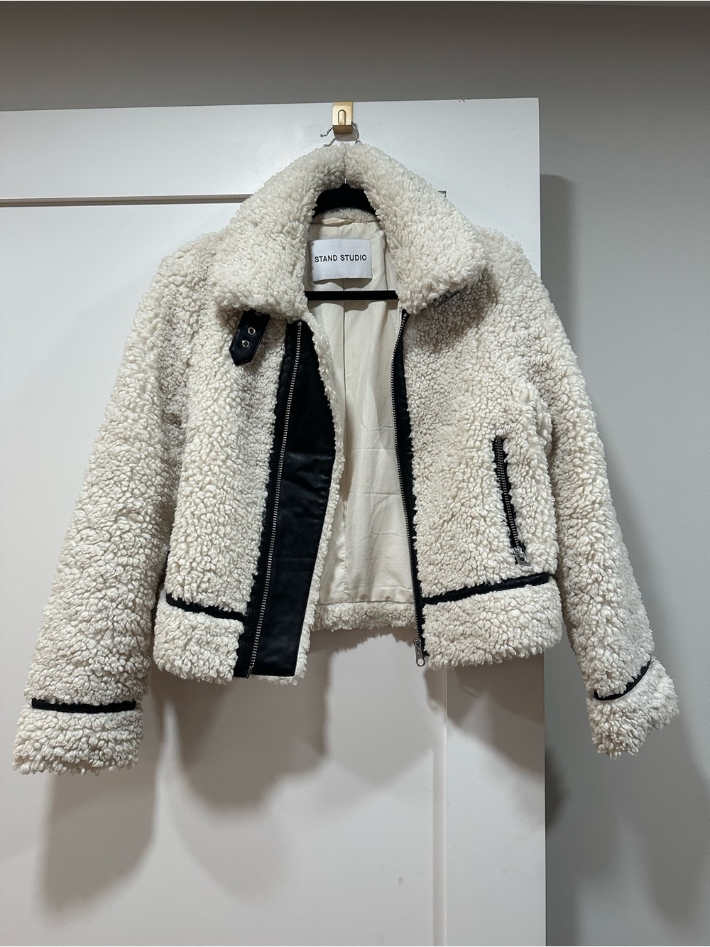 Stand Studio Cream Sherpa Biker Jacket with Black Trim